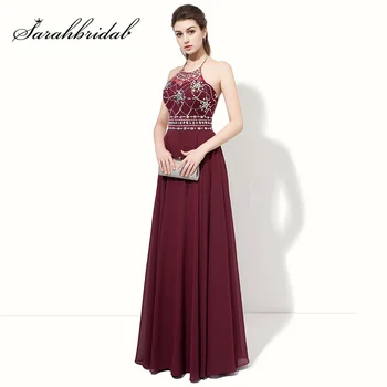 

Sexy Beads 2020 Long Halter Prom Dresses with Shining Rhinestone Evening Maroon Chiffon Backless Formal Women Party Gowns AJ020