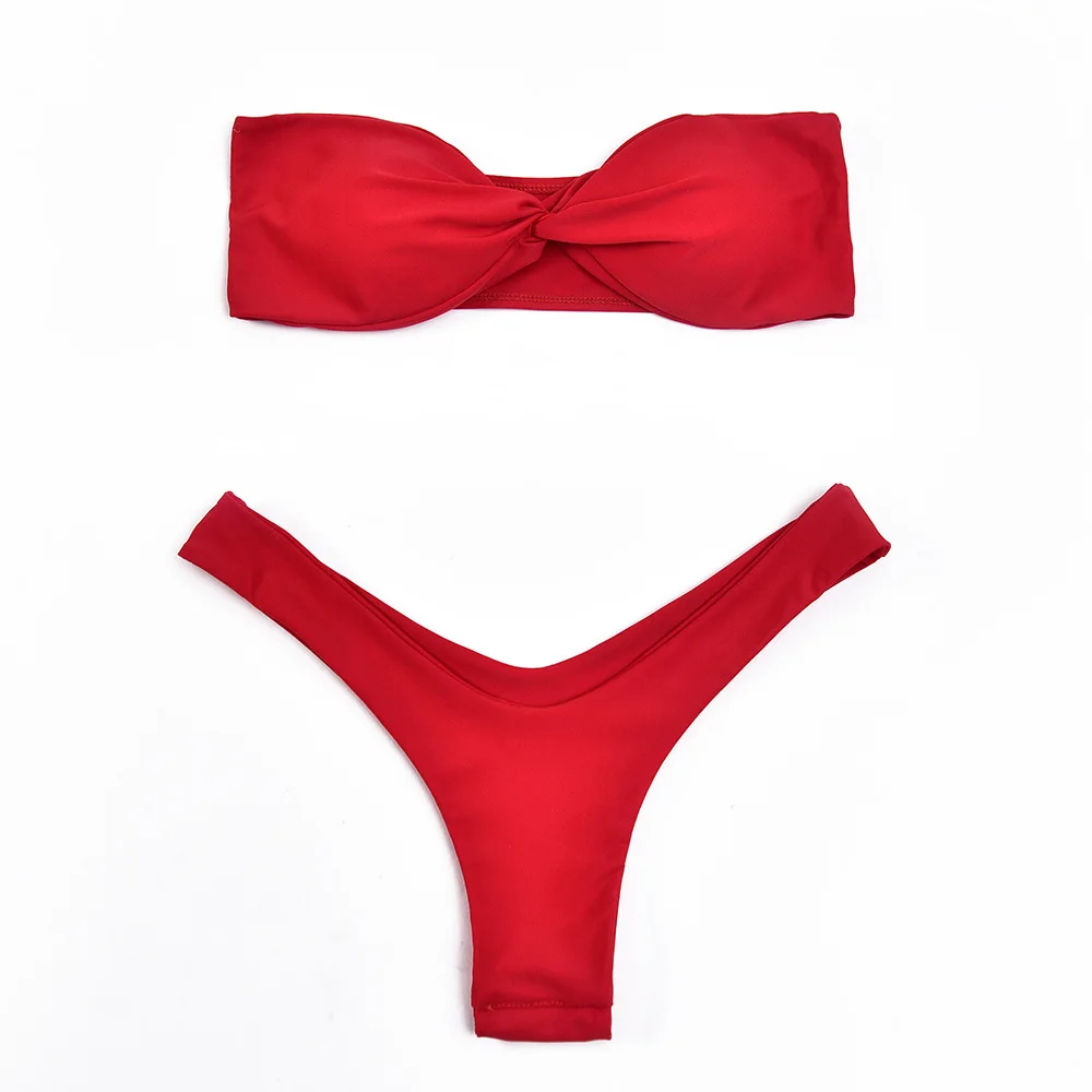 

2019 Mid Waist New Summer Women Two Pieces Bikini Set Solid High Quality Padded Push Up Swimwear Brazilian Bikini