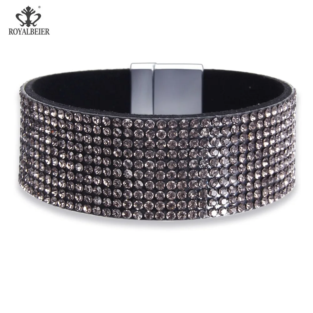 RoyalBeier New Fashion Leather Crystal Bracelet For Women Sparkling Rhinestone Inlaid Women Soft Wide Magnet Buckle Pulsera