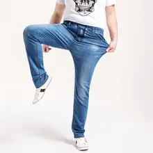 2017 Spring Summer Mens Plus Size Jeans Thin Light Blue Denim Pants High Waist Stretch Waist Trousers L-6XL