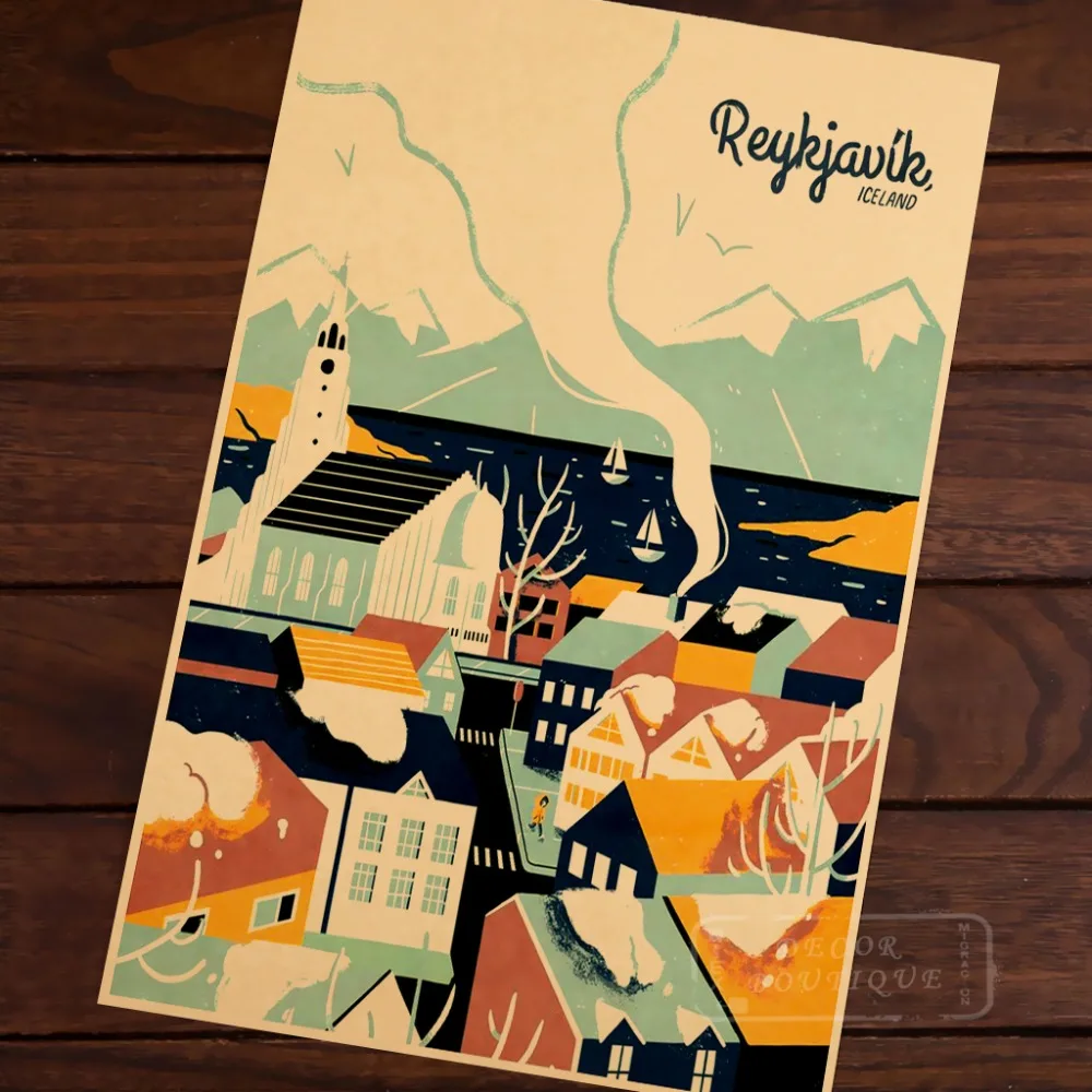 

The small town of Reykjavik, Iceland. Landscape Art Vintage Retro Canvas Frame Poster DIY Wall Home Posters Home Decor Gift