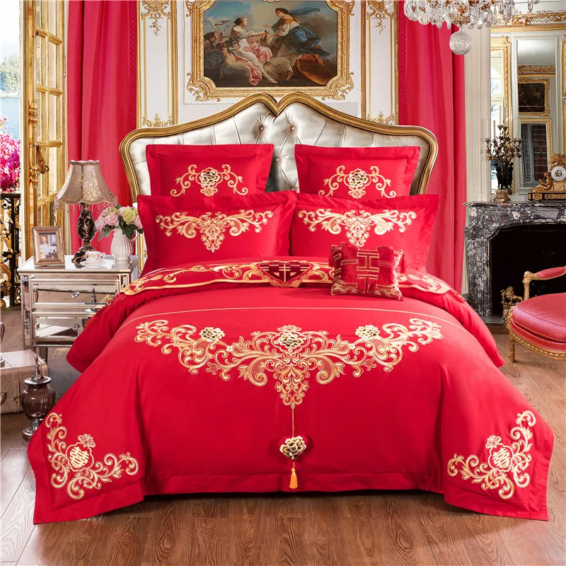 

Traditional Chinese Red Wedding Luxury Embroidery Bedding Set King Queen Size High Quality Cotton Fabric Duvet Cover Bed Sheets
