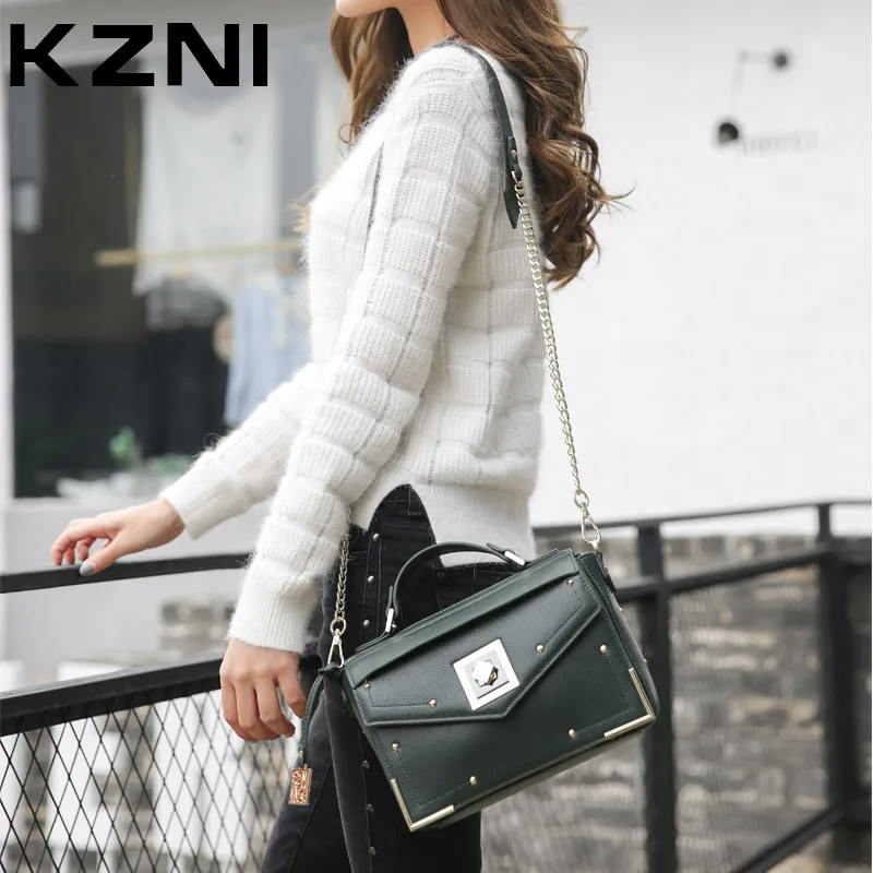 KZNI 2017 Handbag for Women Genuine Leather Cowhide Clutch Tote Handbags Classic Flap Bag with Chain Rivet Crossbody Bag 1349 KZNI 2017 Handbag for Women Genuine Leather Cowhide Clutch Tote Handbags Classic Flap Bag with Chain Rivet Crossbody Bag 1349