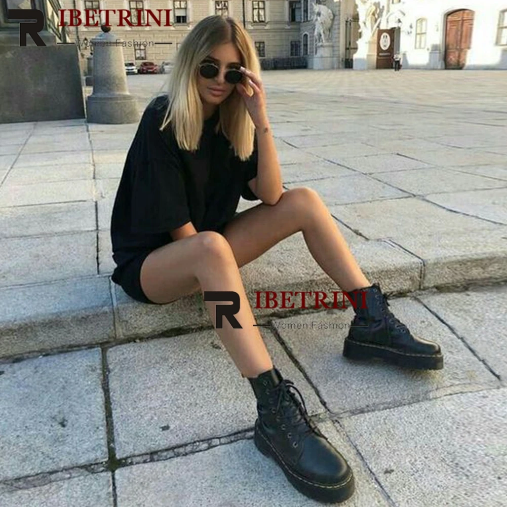 

RIBETRINI INS Marten Style Ankle Boots Women Autumn Winter Add Fur Booties Casual Girl Retro Platform Wedges Shoes Woman