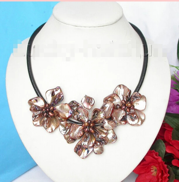 

shipping baroque handcraft bloom coffee seashell pearls choker leather necklace j8168