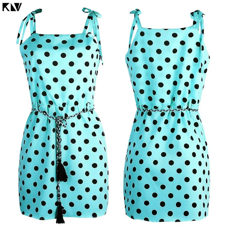 Light Blue KLV/летнее платье в горошек для мамы и дочки; Семейные комплекты; мини-платье в горошек без рукавов с поясом и бантом - Цвет: Light Blue