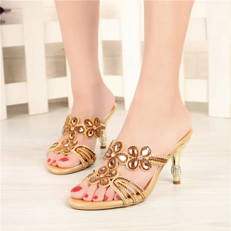 G-sparrow 2018 Women Summer Fashion Diamond High Heeled Slippers Ladies Crystal Peep Toe Shoes Golden Purple Black 8cm4