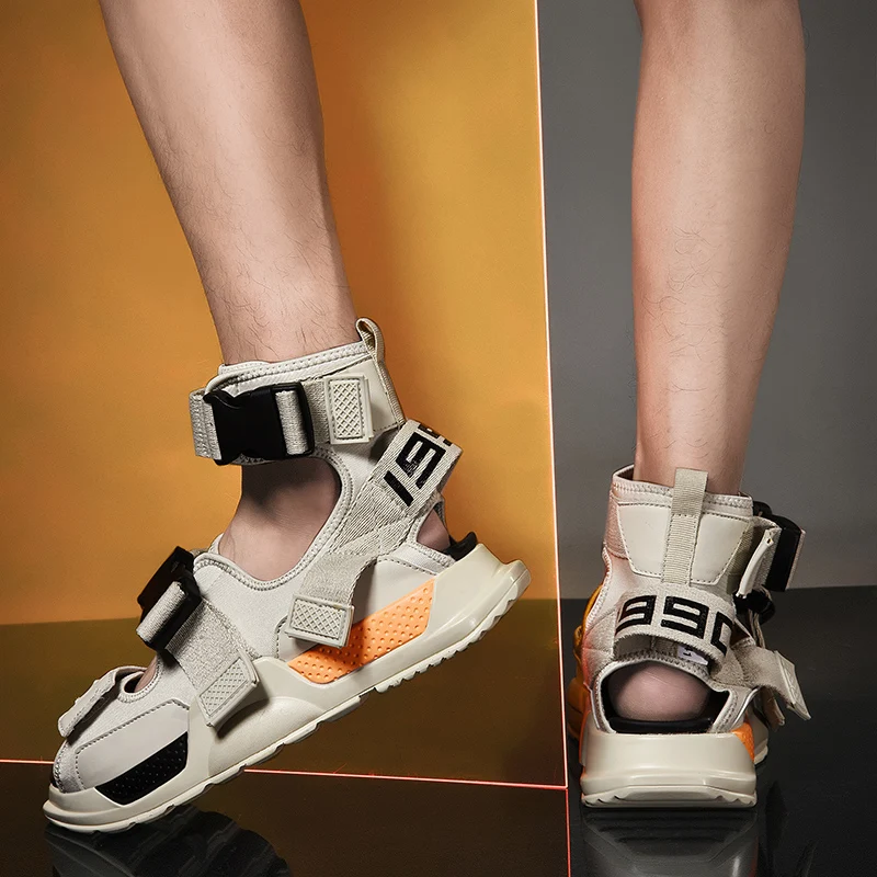 

2019 Catwalk Style Hight Top Men Sandals Summer Canvas Light Weight Men Casual Shoes Loafer Non-slip Beach Sandals Popular Shoes