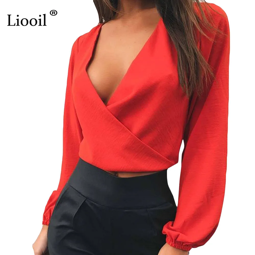 Buy Liooil Chiffon Sexy Low Cut Tops Women Long Sleeve