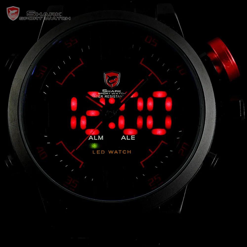 Акула бренда цифровой двойной день из светодиодов черный красный мужчины наручные часы полный стали ремешок Relogio Masculino военная спортивные часы / SH105