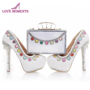 

Women High Heel Platform Shoes with Matching Bag Wedding Bride Fashion Shoes and Clutch White Pearl Birthday Party Pumps