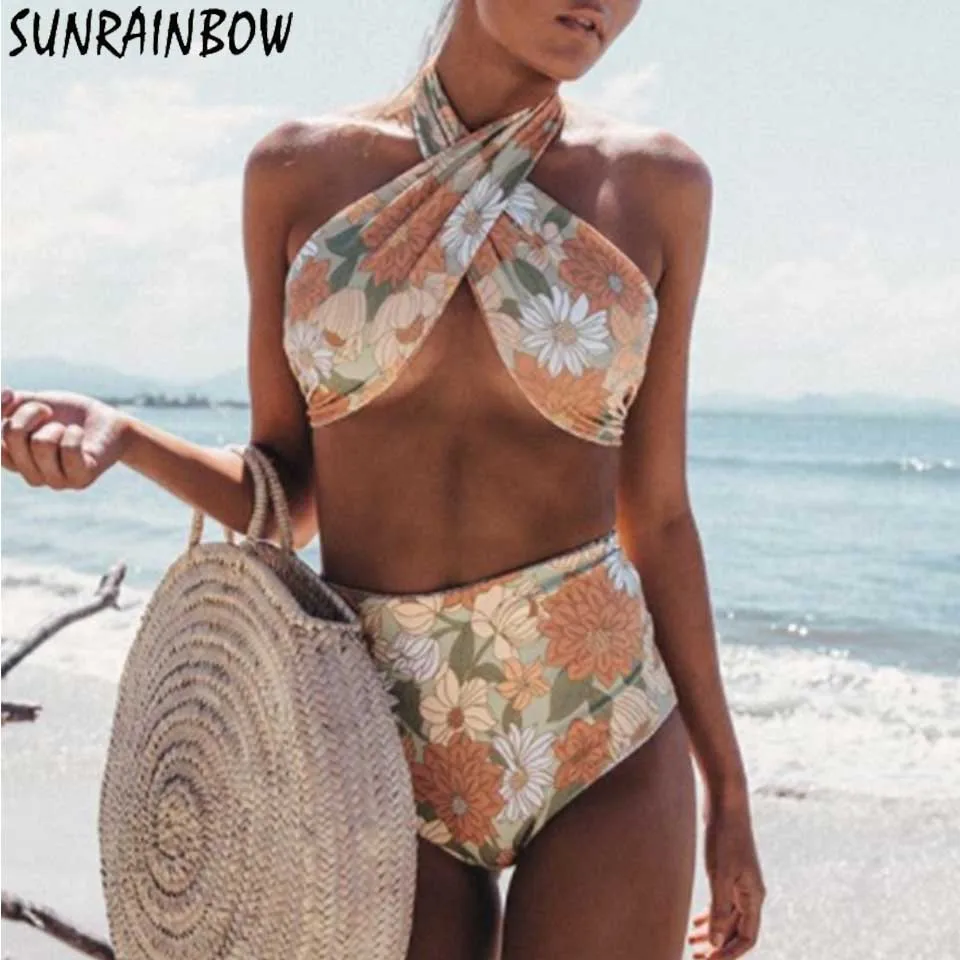 

SUNRAINBOW 2019 Biquini Sexy Swimsuit Backless Print Bikini Set Summer Beach Bathing Suit New Arrival Swimwear Bathing suit