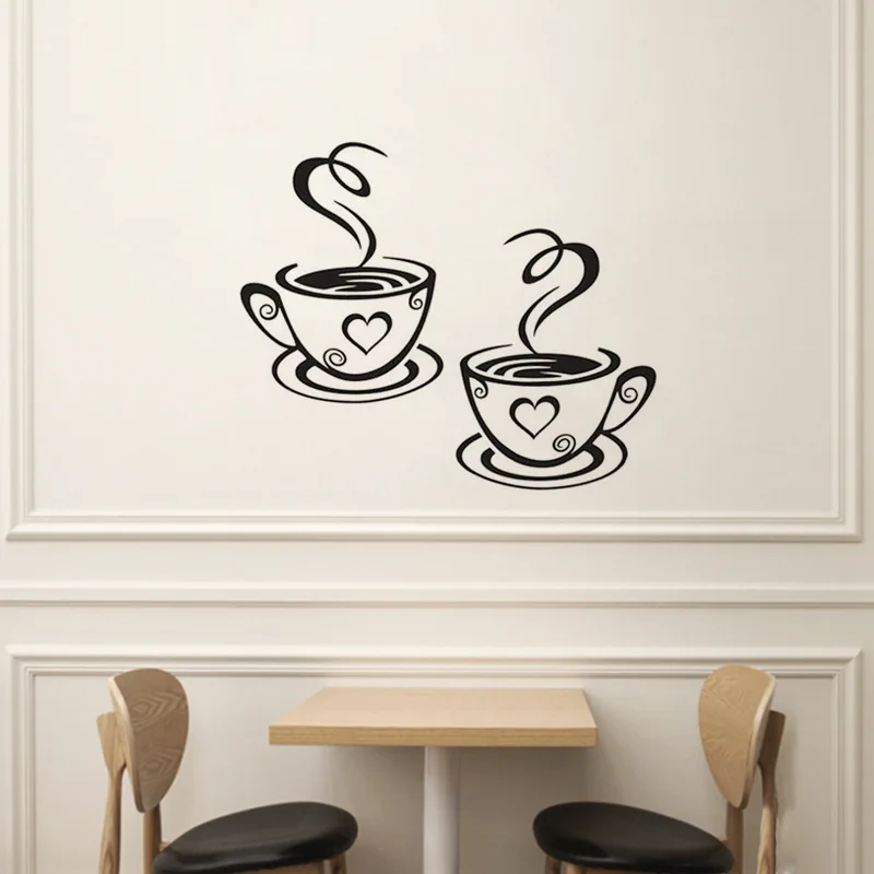 home coffee Shop wall sticker  two cup coffee Vinyl Wall Decals Wall Lettering Art Words Wall murals Home Decor Living Room