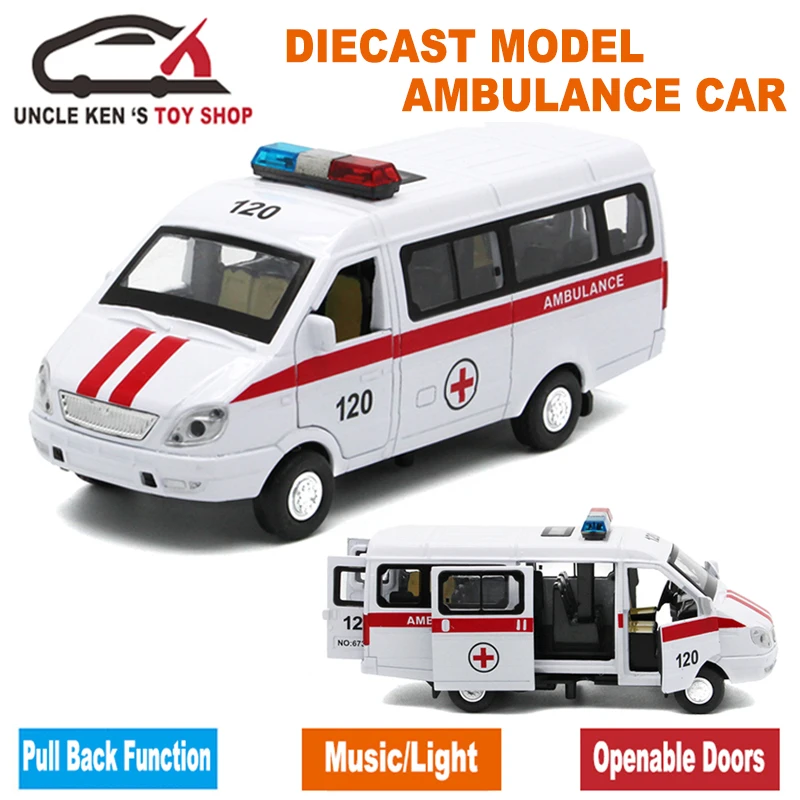 Baratos Modelo a escala GAZ Gazel de la ambulancia rusa, juguetes de Metal para coches para niños o niños como regalo con funciones