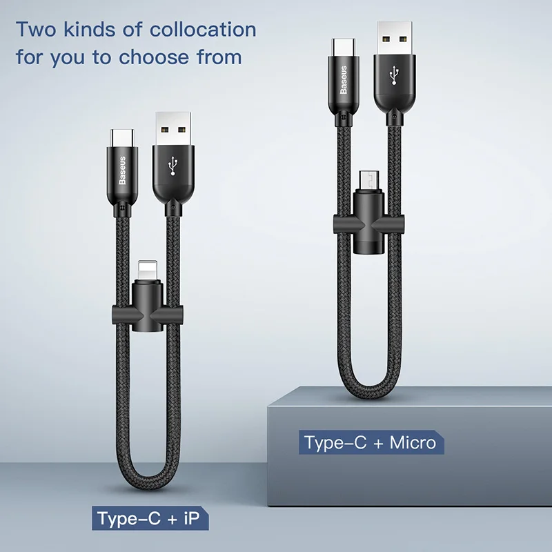 

BASEUS Brand U-Shaped Type-C + For iPhone Data Charging Cable / Type C + Micro USB Charger Cable Portable Short USB Cable 23CM