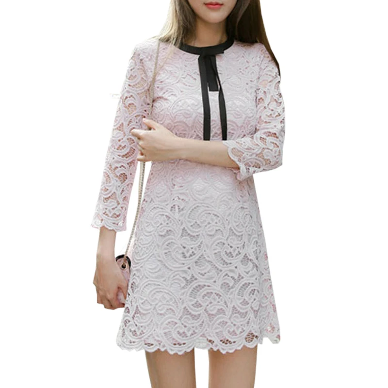 2017 весной новые женщины dress семь рукава большой размер кружева sweet платье способа