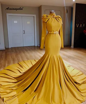 

2019 New Listing Long Evening Dresses 2019 High Collar Sleeves Belt Floor Length Evening Dress Formal Party Dresses De Soiree