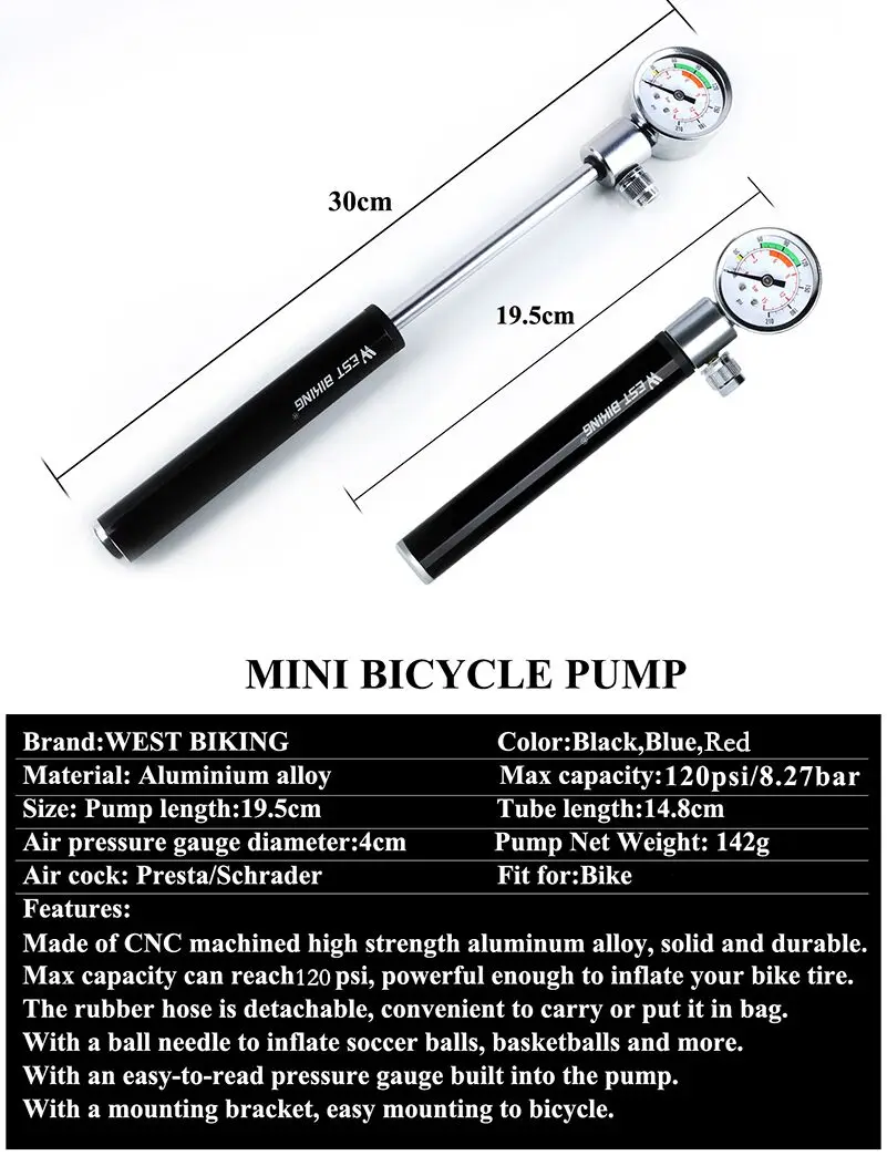 WEST BIKING мини велосипедный насос с манометром 120 фунтов/кв. дюйм ручной велосипедный насос Presta и Schrader Ball Road MTB Tire Bike насос