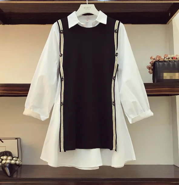

New Knitwear Dress Suit High Quality Women's Long Shirt Dress + 3D Flower Buttone Knitted Vest Two Piece Girls Ladies Dress Sets