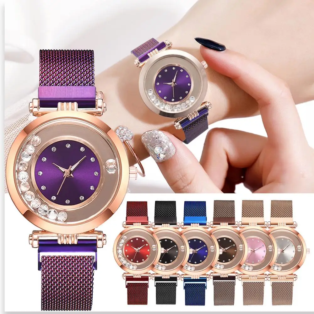 

Fashion Flow Beads Mosaic Diamond Quartz Mesh Belt Magnetic Buckle Ladies Watch