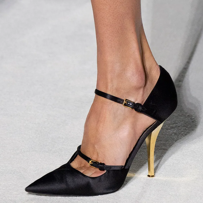 

2019 New Fashion Shoes Women Metal Pointed Toe Stiletto High Heels Shoes Ankle Buckle Strap Pumps Daily Dress Shoes