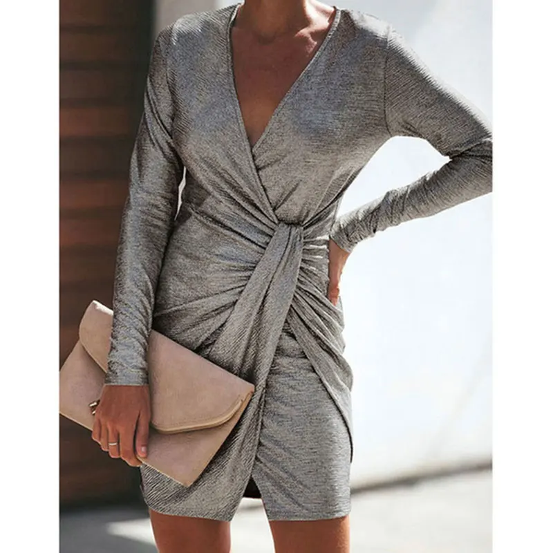 

V-neck Long Sleeve Sashes Mini Bodycon Dresses Women Sexy Slim Fit Simple Dress Office Lady Fashion Elegant Dress Vestidos New