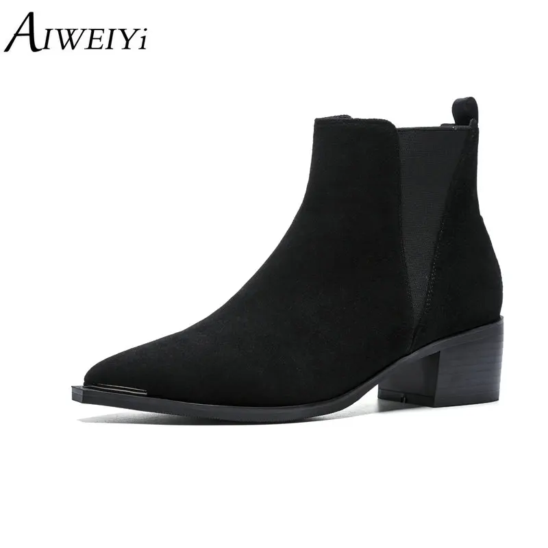 

AIWEIYi Cowhide Ankle Boots Genuine Soft Leather Boots Pointed Toe Slip On Oxford Dress Shoes For Women Boots Black Booties