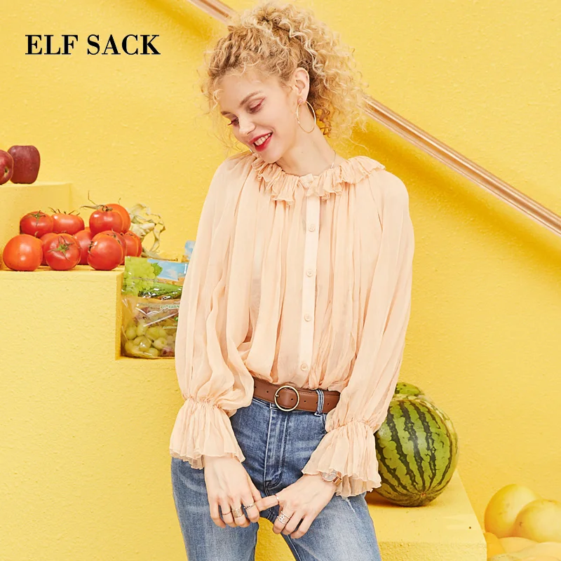 

ELF SACK 2019 Spring New Chiffon Blouse Woman Casual Knitted O-Neck Women Shirts Lace Flare Sleeve Oversized Ladies Blouse