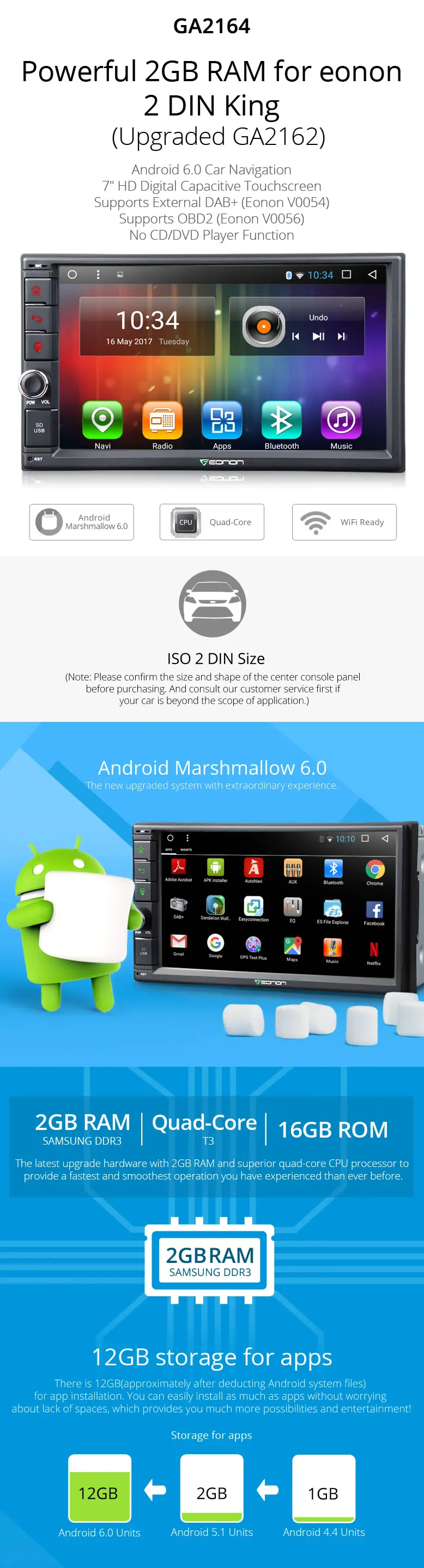 Best 7" Quad Core 2GB RAM Android 6.0 Double Din Car Navigation GPS 2 Din Car Multimedia Two Din Car Radio with 64GB USB/SD Support 0