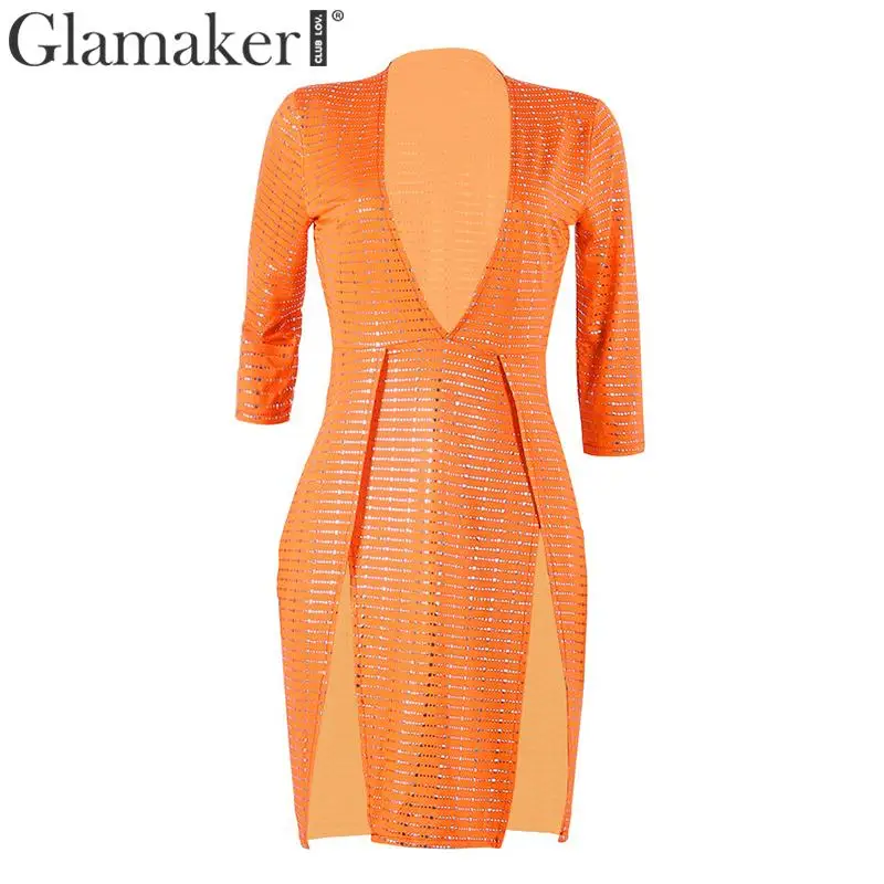Glamaker Sequin сексуальное асимметричное облегающее платье с v-образным вырезом женское летнее короткое платье с высоким разрезом женское блестящее вечернее платье