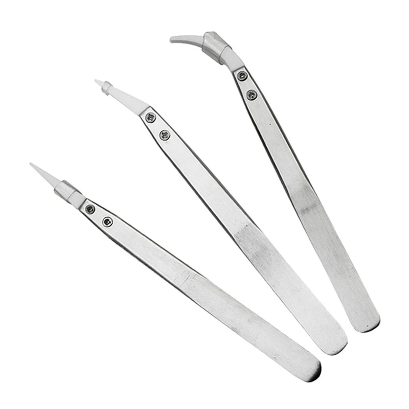 

3pcs Anti-static Stainless Steel Ceramic Tweezers Set Curved Straight Tip Precision Tweezers Insulated Heat Resistant Hand Tool