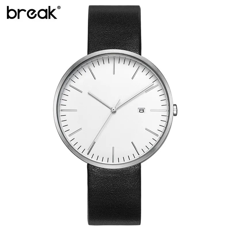 

BREAK 5ATM Waterproof Calendar Stainless Steel Men Watches Genuine Leather Strap Minimalist Business Quartz Watch Man relogio