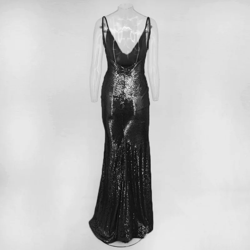 Ordifree, летние женские длинные вечерние платья, Клубная одежда, платье с запахом, черное сексуальное облегающее Макси платье с открытой спиной и золотыми блестками