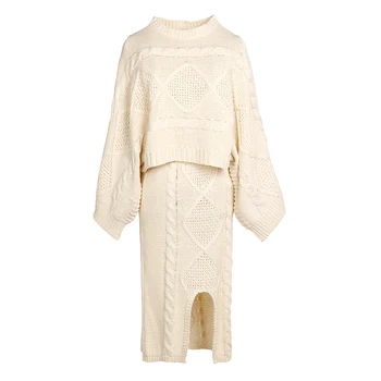 

Women Spring Autumn Two Piece Sweater Sets Fashion Korean Clothing Elegant Ladies Bat Sleeve Knitted Crop Tops + Split Skirt