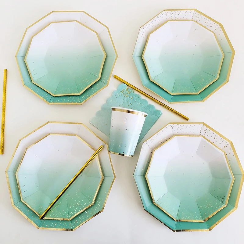 

40pcs Green Gradient Disposable Tableware Sets Paper Plates Cups Napkins Favor Drinking Straws Wedding Party Decor Baby Shower