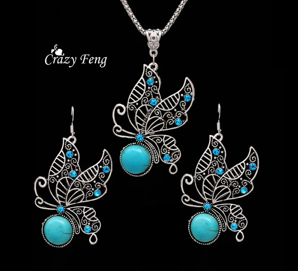 

Green Fashion Jewellery Christmas Gift Tibetan Silver Blue Crystal Butterfly Blue Stone Pendant Necklace Earrings for Women