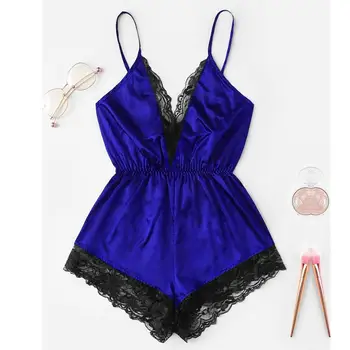 

Fashion Women Sexy Bodysuit Sleepwear Lingerie V-neck Lace Splice Plus Size Blackless Jumpsuit