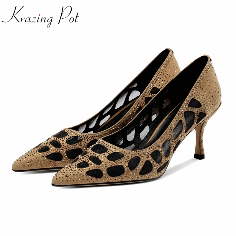 

Krazing Pot new sheep suede crystal diamond-studded stiletto high heels gladiator European hollow luxury mature Summer pumps L38