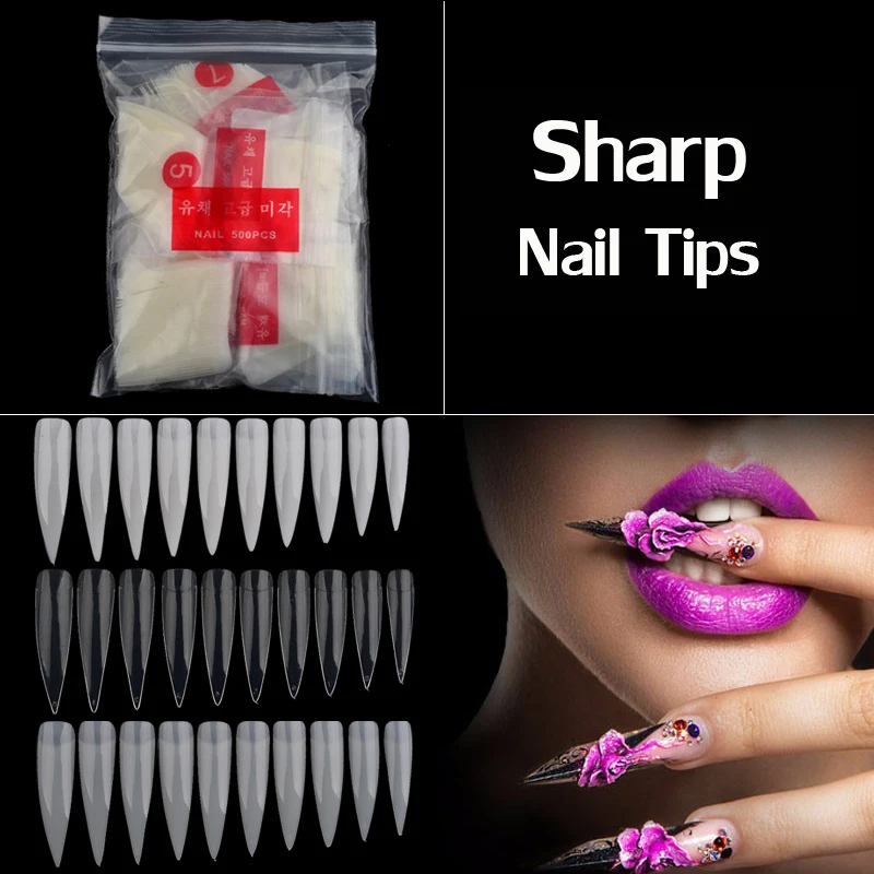 

TKGOES 500pcs Long Sharp Stiletto Nails 3 Colors Pointed Shape Artificial French Fake Nail Art Tip Salon Decorated False Nails