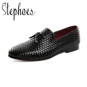 

Stephoes Luxury Brand Men Fashion Woven Shoes Handmade Tassels Pointed Toe Casual Leather Dress Loafers Wedding Groom Flat Shoes