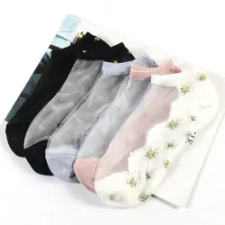 5 пар, модные женские летние Новые жаккардовые шелковые носки с кристаллами для девочек, тонкие короткие хлопковые носки с цветочным