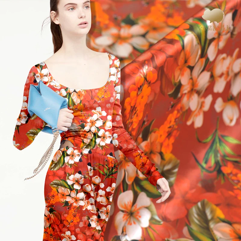 

40mm heavy hemp crepe satin silk fabric digital printing shirt dress silk stretch satin fabric wholesale silk cloth
