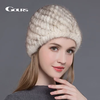 

Gours Real Mink Fur Hats for Women High Quality Pineapple Cap Thick Warm In Winter Russian Fashion Knitted Beanies New Arrival