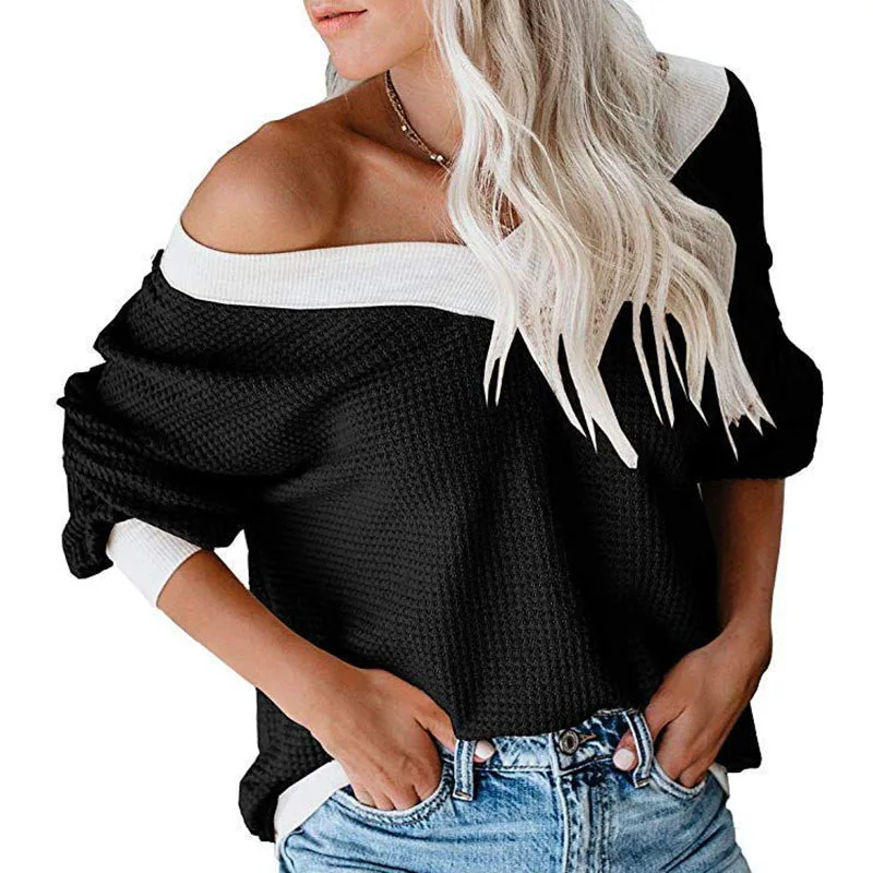 

Autumn Sweater Tops Women's Sexy V-neck Oversized Off Shoulder Boat Neck Solid Color Long-sleeved Knitting