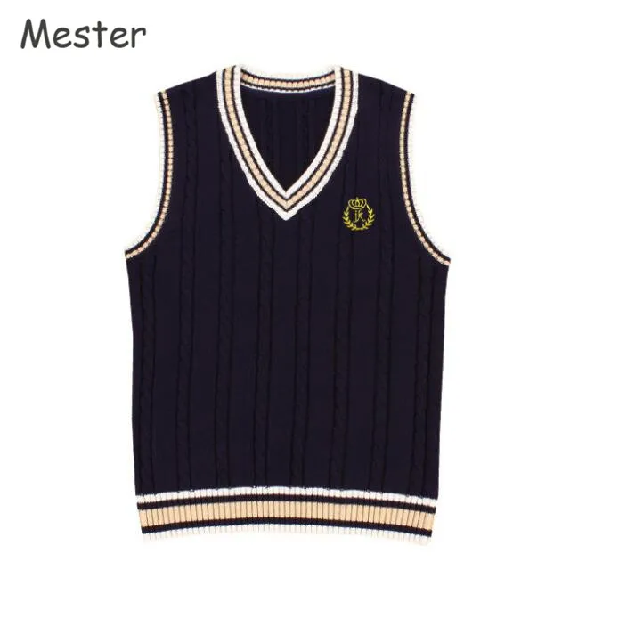 Men Women Knitted Cotton V-Neck Vest JK Uniform Pullover Sleeveless Sweater School Cardigan