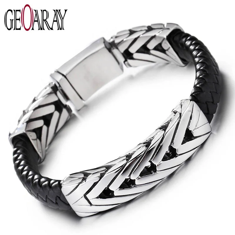 

Geoaray Mens Braided Black Genuine Leather Bracelet Men Punk Rope Cuff Bangle Fashion Link Chain Jewelry K