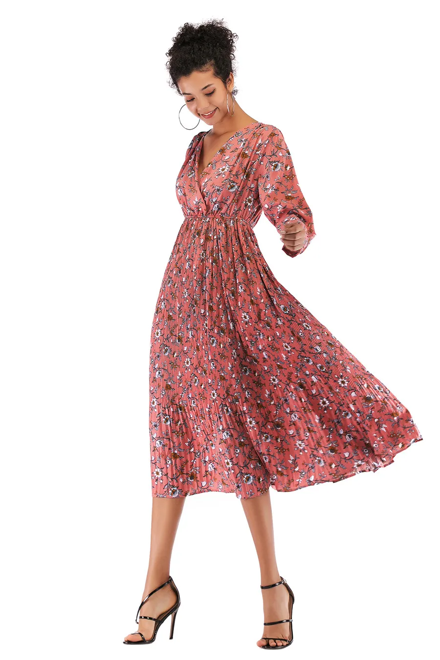 Gladiolus Hot 2018 Autumn Dress Women Long Sleeve V-Neck Sexy Floral Print Tunic Loose Midi Chiffon Dress Women Beach Sundress (26)