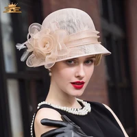 Summer British Style Fedoras Linen Hat Female Vintage Floral Cap Women Banquet Wedding Derby Party Headwear B-8145 4