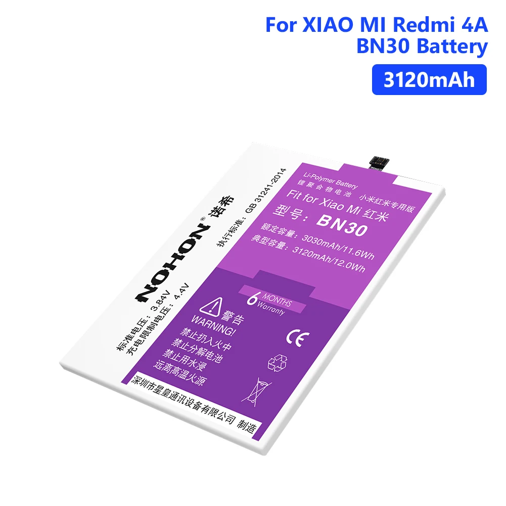 

NOHON BN30 Real 3120mAh Lithium Rechargeable Battery For Xiaomi Redmi 4A Phone Bateria Batteries Free Tools Retail Package