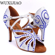 WUXIJIAO Women's latin Dance Shoes Satin rhinestone Party dance shoes Salsa Dance Shoes heel 9cm Gold/silver color Soft bottom цена WUXIJIAO Women's latin Dance Shoes Satin rhinestone Party dance shoes Salsa Dance Shoes heel 9cm Gold/silver color Soft bottom цены онлайн